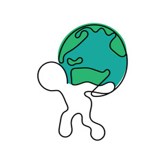 Line art character with transparent background. Minimal vector art. One line icon of a man holding globe. Climate change and individual responsibility concep