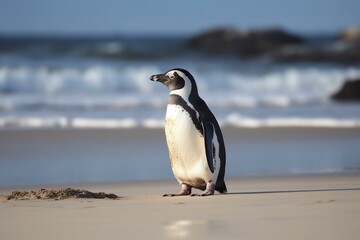 A majestic penguin standing on the sandy shore. Generative AI