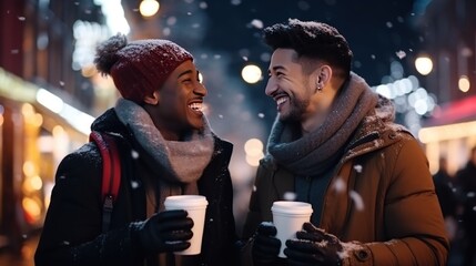 A gay couple walks down the street on Christmas Eve. They drink warm aromatic coffee and chat happily. Love, freedom and relationship concept. - obrazy, fototapety, plakaty