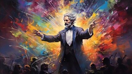 A male composer during a concert, colorful painting