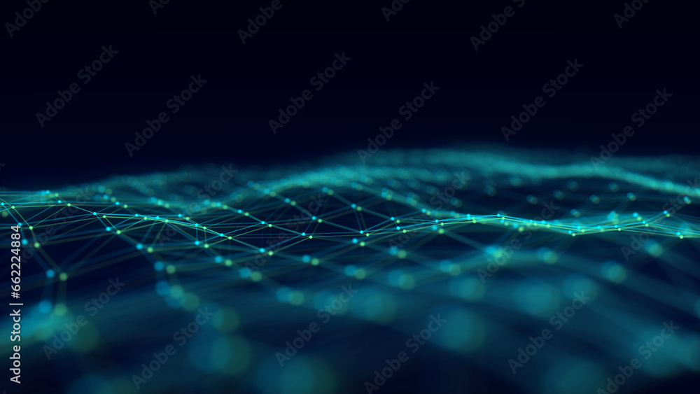 Aufkleber Technology blue wave with lines. Big data visualization. Analytics representation. Digital background with glitch effect. 3d rendering.