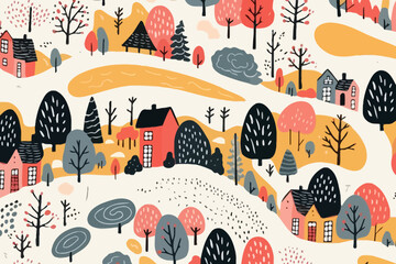 Scenic Overlooks quirky doodle pattern, wallpaper, background, cartoon, vector, whimsical Illustration