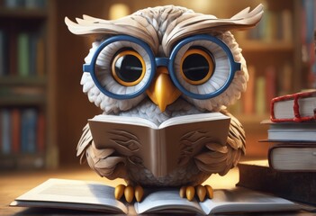 owl with books on a wooden table, 3d rendering owl with books on a wooden table, 3d rendering cute owl reading a book