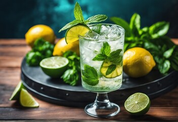refreshing cocktail with lemon and mint in the glass on dark wooden background refreshing cocktail with lemon and mint in the glass on dark wooden background fresh cocktail with ice and lime on a wood
