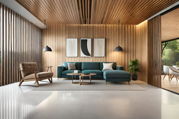 Luxurious and minimalist wooden living room