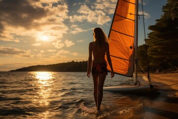 Windsurfer girl is getting ready for an exciting windsurfing session