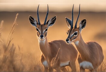 two gazelle standing in the grass in the evening two gazelle in the wild two gazelle standing in the grass in the evening
