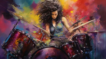 Fototapeta na wymiar A female drummer playing drums, colorful painting, illustration