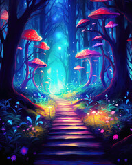 Magic forest with path and mushrooms. Fairytale landscape. Vector illustration
