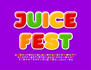 Vector colorful flyer Juice Fest with bright Font. Modern Alphabet Letters, Numbers and Symbols set