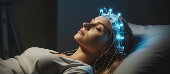 Medical professionals perform an EEG on a teenage girl to assess neurological and mental disorders With copyspace for text - obrazy, fototapety, plakaty
