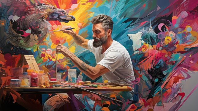 Colorful painting of a painter during his creative work, surreal