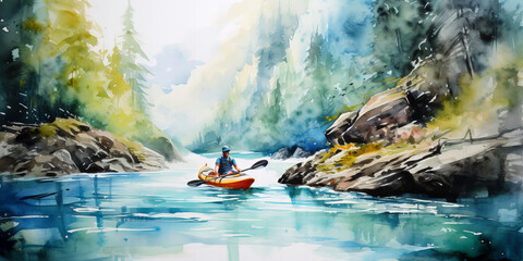 watercolor illustration of a kayaker paddling on a river - obrazy, fototapety, plakaty
