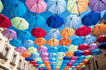 Fototapeta na wymiar A vibrant display of hanging umbrellas in a whimsical setting
