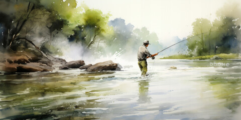watercolor painting of fishing in the river