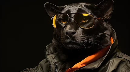 Tuinposter Portrait of a black panther in a jacket and glasses. Black panther in sunglasses.  © amrets