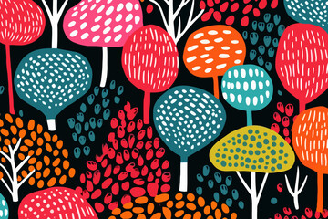 Forest Canopy quirky doodle pattern, wallpaper, background, cartoon, vector, whimsical Illustration