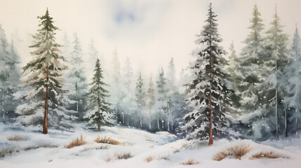foggy winter pine tree forest in the morning in winter 