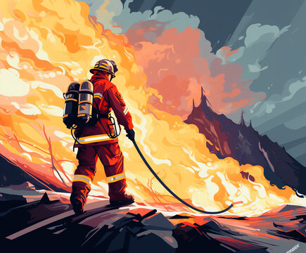 A firefighter bravely battling a raging fire