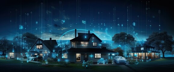 Connected houses. Digital community and smart homes. Houses at night with data transactions. - Powered by Adobe