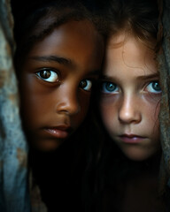 Intimate Portrait of Two Girls, Black & White - Embracing Racial Diversity & Strong Female Friendship.