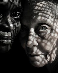 Close Portrait of Black & White Senior Women - Symbolizing Unity, Shared Dreams & Modern Societal Bonds.