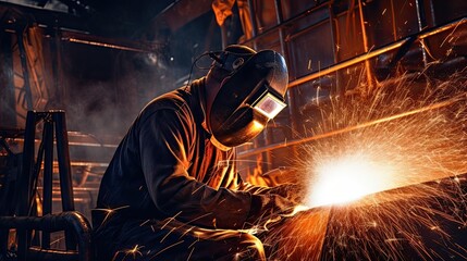 A welder at work in a metal factory. Sparks are flying around. Industrial concept.