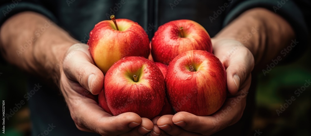 Poster man holding apples selective focus with copyspace for text