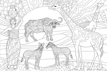 Coloring book page for adults and children. African savannah fan