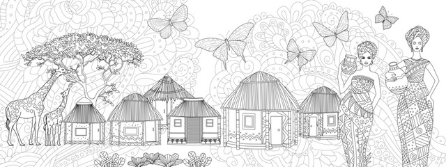 Coloring book page for adults and children. African landscape wi