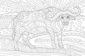 Coloring book page for adults and children. African savannah fan