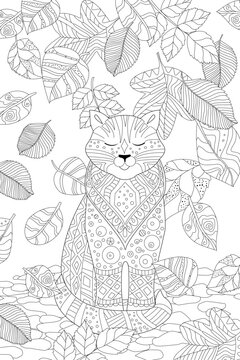 Coloring book page for adults and children. autumn leaves fallin