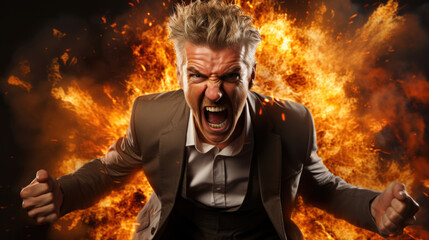 person in fire. businessman with angry mood. 