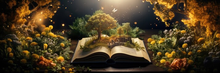 Open book with flowers and tree on dark background. Story coming alive: nature coming out of an old yellowish book, banner for Library Week, world book day, reading month.  - obrazy, fototapety, plakaty