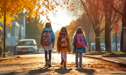 3 Schulkinder mit bunten Schulranzen laufen freundschaftlich auf einer Straße mit bunten Blättern an einem Herbst-Nachmittag zur Schule - 1. Schultag Schulbeginn - obrazy, fototapety, plakaty