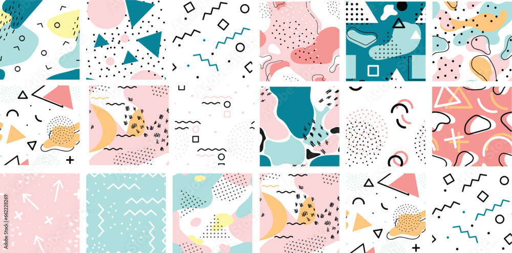 Wall mural abstract seamless pattern 80s-90s styles. trendy memphis style. colorful geometric background set. g