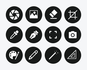 vector illustration of art and photography icon set on grey background for website, ui ux and mobile design. vector illustration