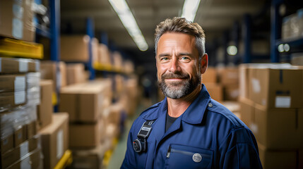 Happy, uniformed worker in a warehouse or factory full of cardboard boxes. Packages for shipping, logistics and distribution center. Generative ai - obrazy, fototapety, plakaty