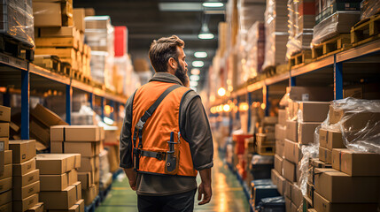 Fototapeta premium Employee in a warehouse or factory with cardboard boxes. Logistics and distribution centers. Generative ai