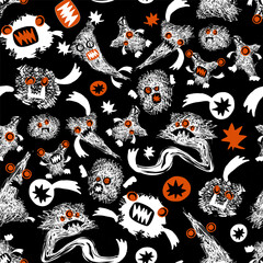 Black and white funny seamless pattern with crazy halloween characters cute terrible monster isolated on black background. Vector illustration