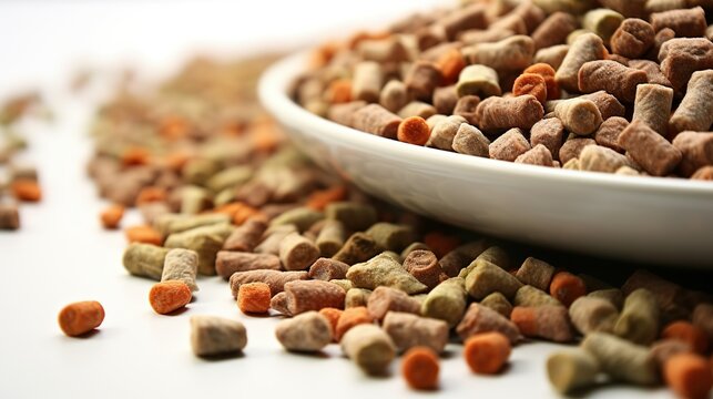 A plate with pellets of dry animal feed. Close-up. Macro. Healthy, balanced nutrition for pets.