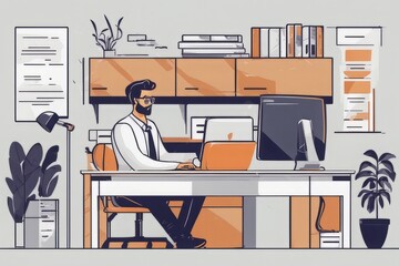 office worker in office. vector flat illustration office worker in office. vector flat illustration businessman with laptop working on desk in office interior vector illustration. male character in mo