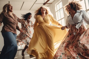 Happy plus size women in colorful clothes dancing and having fun. Body positivity concept.