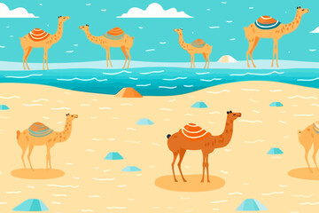 Camel Pose on the Beach quirky doodle pattern, wallpaper, background, cartoon, vector, whimsical Illustration