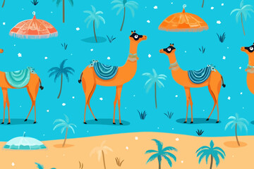 Obraz na płótnie Canvas Camel Pose on the Beach quirky doodle pattern, wallpaper, background, cartoon, vector, whimsical Illustration