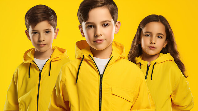 group of kids staning against yellow background 