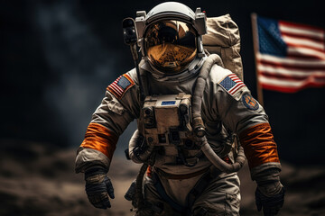 American astronaut on the moon against the background of the USA flag - obrazy, fototapety, plakaty