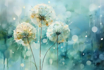 Fotobehang beautiful background with dandelions on a blue background. floral background, postcard. © Vero