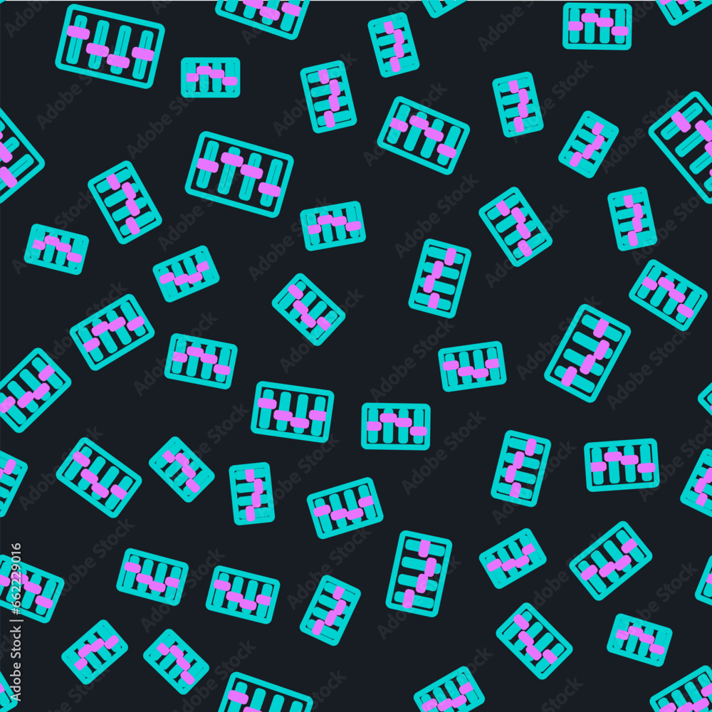 Poster line sound mixer controller icon isolated seamless pattern on black background. dj equipment slider 