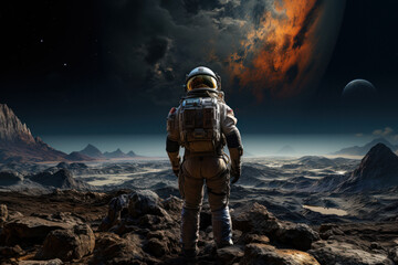 View from back of astronaut discovering new planet in outer space - obrazy, fototapety, plakaty